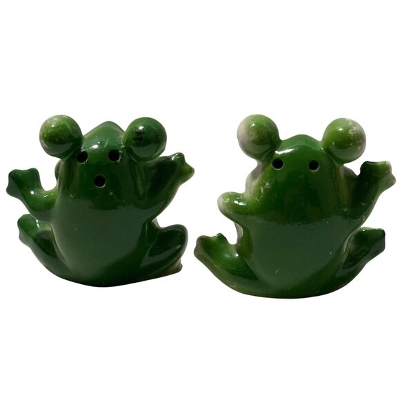 Vintage Lucky Frogs Salt Pepper Shakers Stoppers Green Kitschy 1950s Japan RARE - Picture 2 of 11
